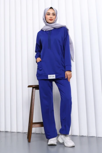 Koyu Mavi Önü Etiketli İki İplik Tesettür Takım