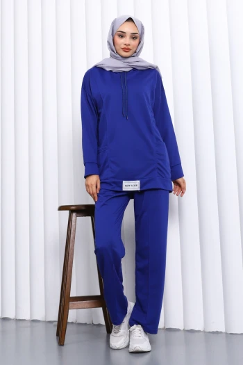 Koyu Mavi Önü Etiketli İki İplik Tesettür Takım