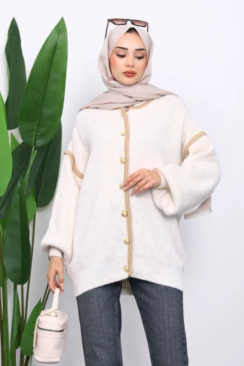 Krem Balon Kol Düğmeli Triko Hırka