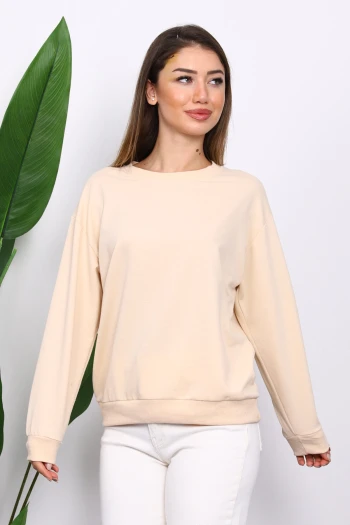Krem Bisiklet Yaka İki İplik Sweatshirt