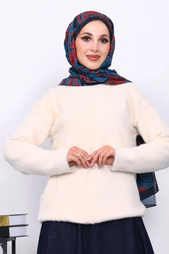 Krem Bisiklet Yaka Angora Yumoş Triko Kazak