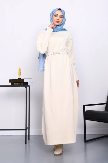 Krem Bisiklet Yaka Triko Elbise