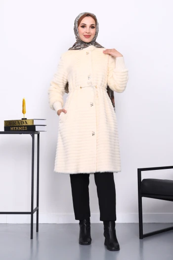 Krem Bel Lastikli Angora Kürk Kaban