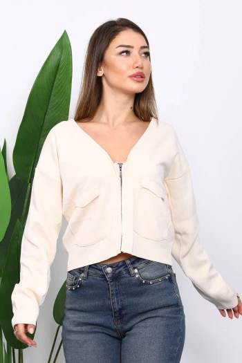 Krem Çift Cepli Fermuarlı Triko Hırka
