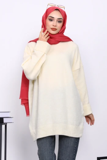 Krem Dik Yaka Oversize Triko Kazak