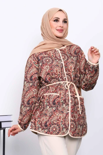 Krem Etnik Desenli Cepli Ceket