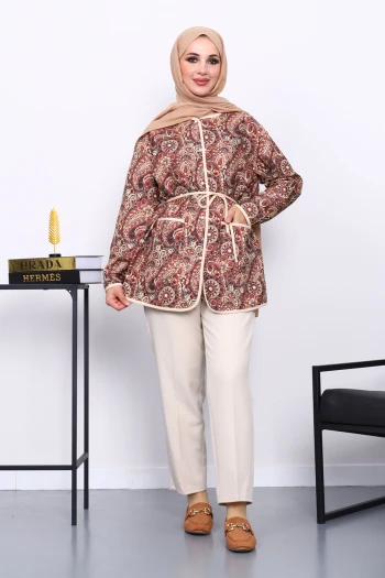 Krem Etnik Desenli Cepli Ceket