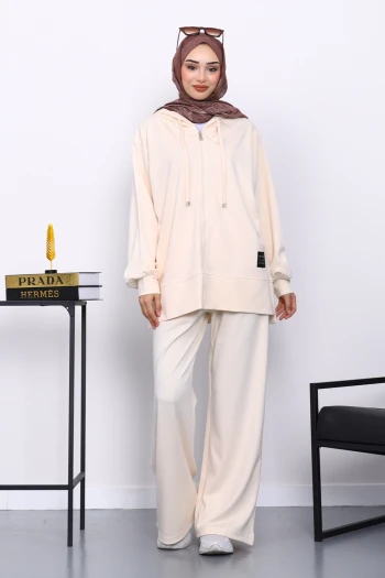 Krem Fermuarlı Tunik Pantolonlu Takım