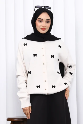 Krem Fiyonk Nakışlı Triko Hırka