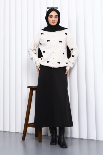 Krem Fiyonk Nakışlı Triko Hırka