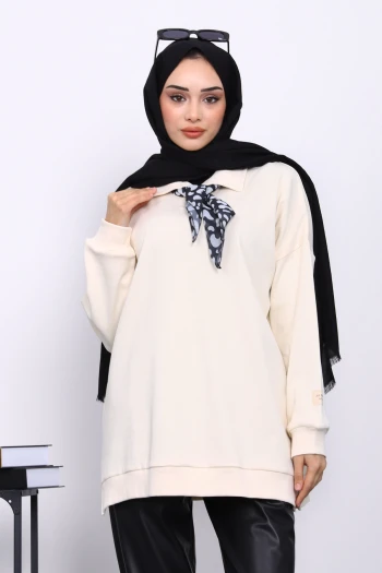 Krem Gömlek Yaka Fittilli Tunik