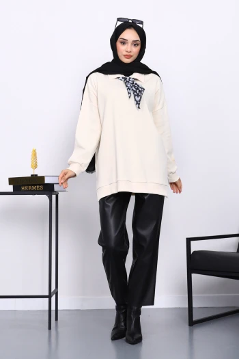 Krem Gömlek Yaka Fittilli Tunik