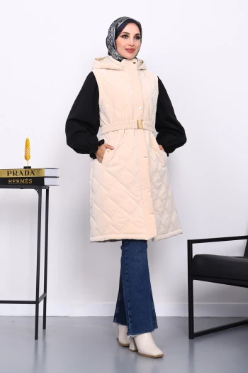 Krem Kapşonlu Kemerli Şişme Yelek