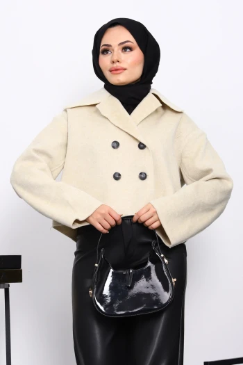 Krem Kısa Düğmeli Kaşe Ceket