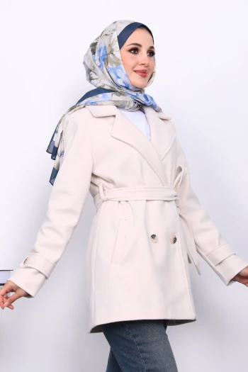 Krem Kruvaze Yaka Çift Düğmeli Kaşe Kaban