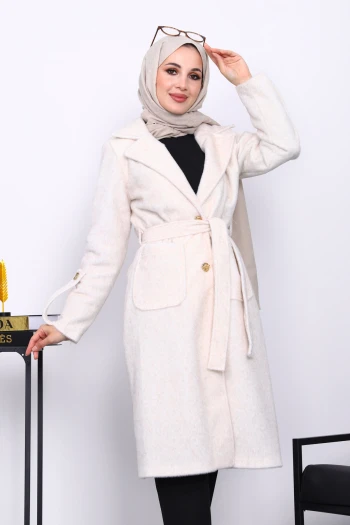 Krem Kruvaze Yaka Kol Apoletli Angora Kaban