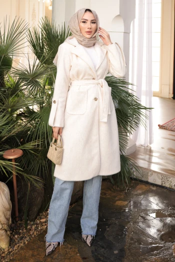 Krem Kruvaze Yaka Kol Apoletli Angora Kaban