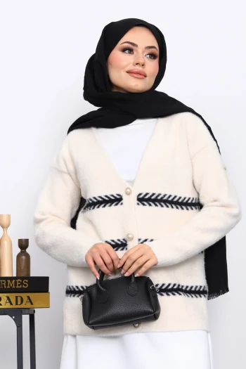 Krem V Yaka Angora Yumoş Hırka