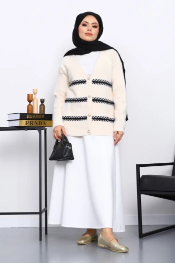 Krem V Yaka Angora Yumoş Hırka