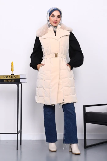 Krem Yaka Kürklü Lastik Kemerli Uzun Şişme Yelek