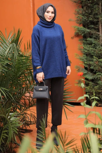 Lacivert Balıkçı Yaka Salaş Triko Tunik