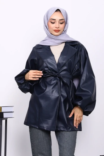 Lacivert Balon Kol Kuşaklı Deri Ceket