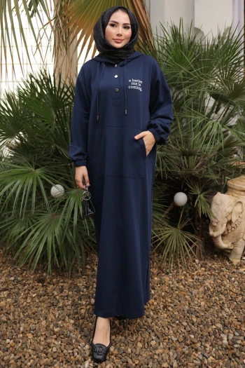 Lacivert Baskılı Kapüşonlu İki İplik Elbise
