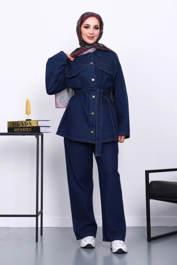 Lacivert Bel Kuşaklı Pantolonlu Kot Takım