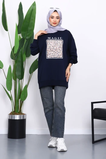 Lacivert Bisiklet Yaka Baskılı Sweat