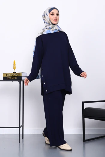 Lacivert Bisiklet Yaka Çıtçıt Detaylı Modal Takım