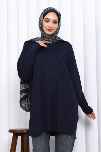 Lacivert Bisiklet Yaka Soğuk İplik Triko Tunik