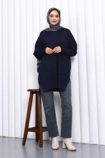 Lacivert Bisiklet Yaka Soğuk İplik Triko Tunik