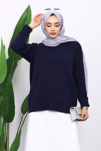 Lacivert Bisiklet Yaka Yumuşak Dokulu Oversize Triko Kazak