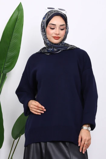 Lacivert Bisiklet Yaka Yumuşak Dokulu Oversize Triko Kazak