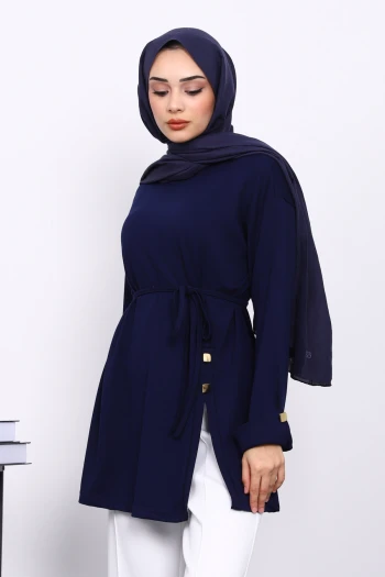 Lacivert Düğme Detaylı Modal Tunik
