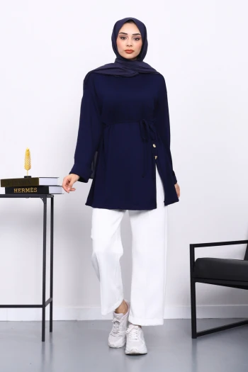 Lacivert Düğme Detaylı Modal Tunik