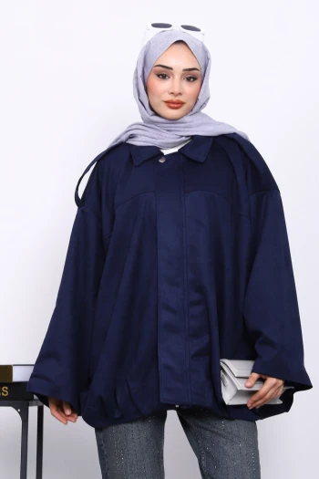 Lacivert Eteği Pileli Oversize Süet Ceket