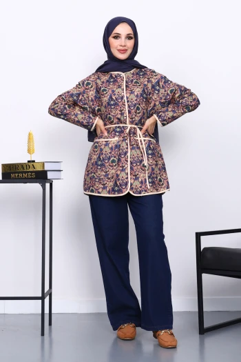 Lacivert Etnik Desenli Cepli Ceket