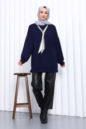 Lacivert Fular Aksesuarlı Modal Tunik