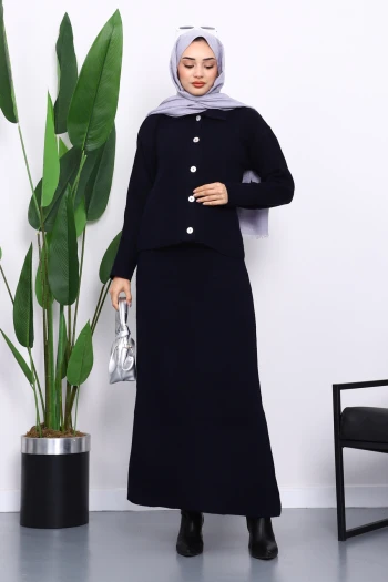 Lacivert Gömlek Yaka Düğmeli Triko Etekli Takım