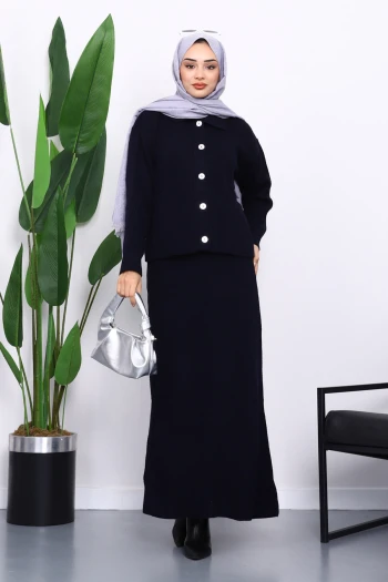 Lacivert Gömlek Yaka Düğmeli Triko Etekli Takım