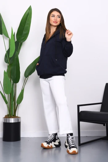 Lacivert İçi Şardonlu Üç İplik Oversize Hırka