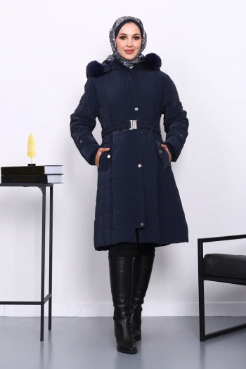 Lacivert Kapüşonu Kürklü Uzun Şişme Mont