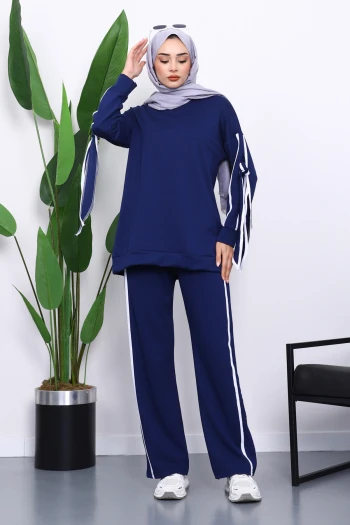Lacivert Kol Bağlamalı Tunik Pantolonlu Takım