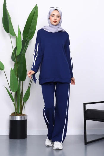 Lacivert Kol Bağlamalı Tunik Pantolonlu Takım