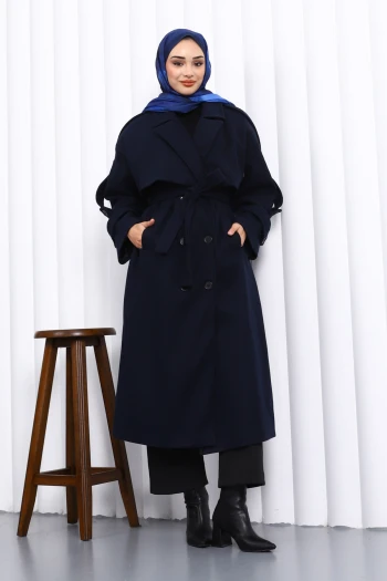 Lacivert Kravuze Yaka Astarlı Kaşe Kaban