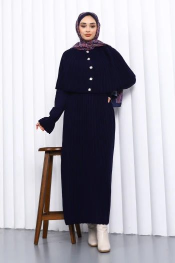 Lacivert Pelerin Detaylı Uzun Triko Elbise
