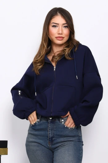 Lacivert Sağ Kol Fermuarlı Cepli Üç İplik Sweat Hırka