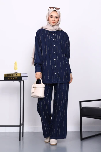 Lacivert Taşlı Gömlek Pantolonlu Kot Takım