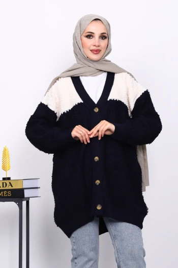 Lacivert V Yaka Düğmeli Triko Hırka